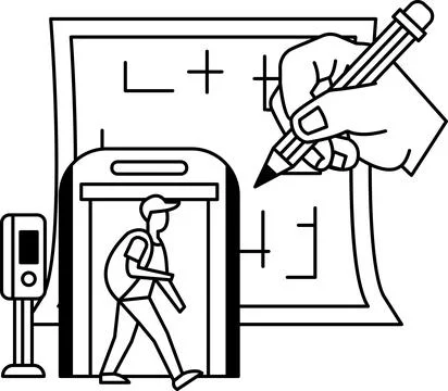 A man is walking through a building with a pencil in his hand Ilustración de archivo