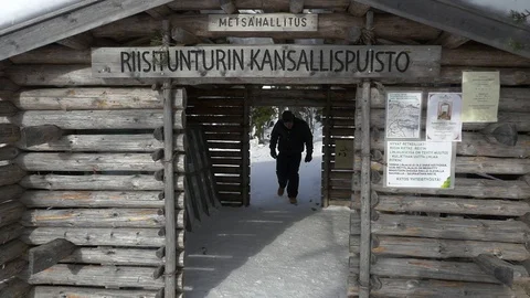 Man walking through a cabin, Slow motion view of a male hiking in the port of Stock Footage 88480394