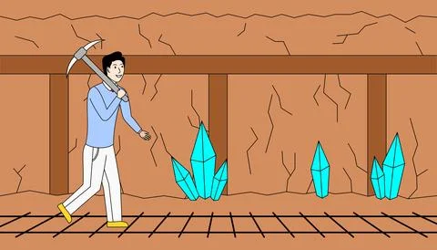 Man is walking through a cave with a pickaxe in his hand Stock Illustration
