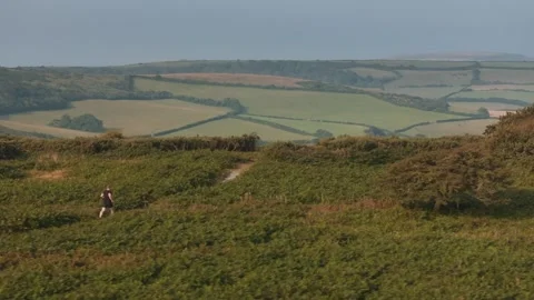 A man is walking through a field of grass Stock Footage 297950893