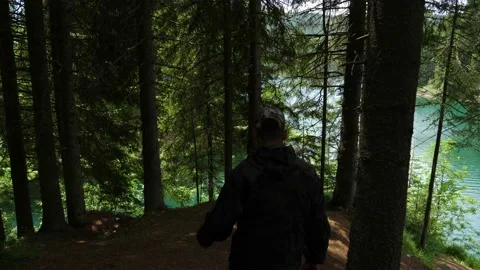 Man walking through the forest on the shore of the mountain lake. Stock-Footage 156719360