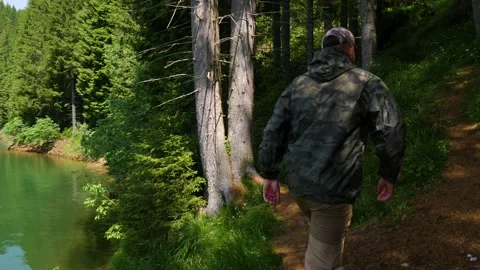 Man walking through the forest on the shore of the mountain lake. Stock-Footage 156719496