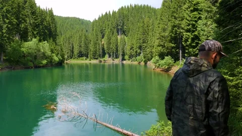 Man walking through the forest on the shore of the mountain lake. Stock-Footage 156719619