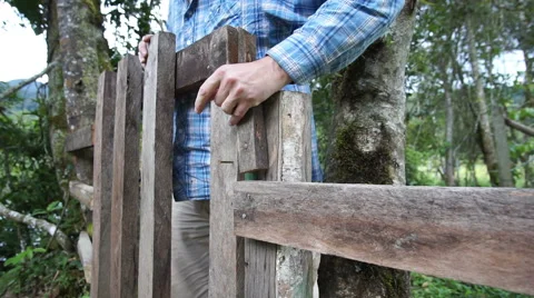 Man Walking Through Gate Coming Stock Footage 53581426