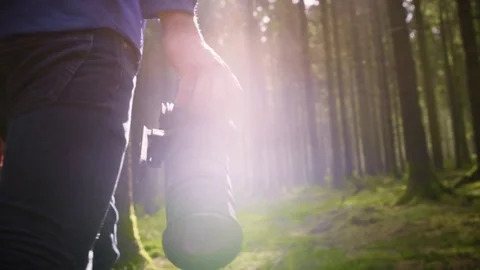 Man walking through the green forest carrying his camera against bright sunlight Stock Footage 81537010