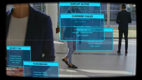 Man walking through lobby, cybersecurity detecting exploit and spawning alerts Vídeos de archivo 332844184