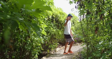 Man walking through lush green bushes in garden at sunny summer day. Stock Footage 245521810