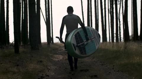 Man walking through pine forest to water with stand up paddle board in his hands Stock Footage 244605412