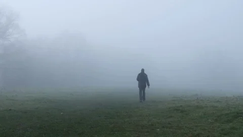 Man walking through rural field of mist 스톡 동영상 77808322