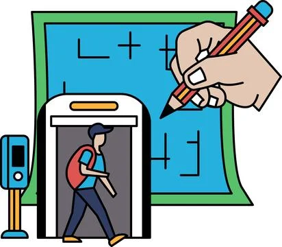 A man is walking through a security checkpoint with a backpack Stock Illustration