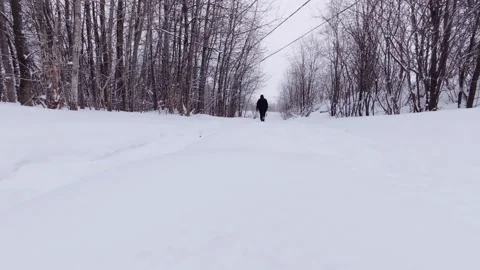 Man Walking Through Snow on Icy Rural Street Stock Footage 326376885