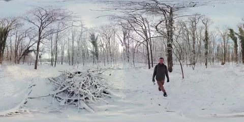 Man Walking Through Snowy Forest in 360-Degree Video Stock Footage 266414302