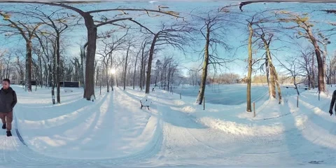 Man Walking Through Snowy Forest in Virtual Reality 360 Video Stock Footage 271305649
