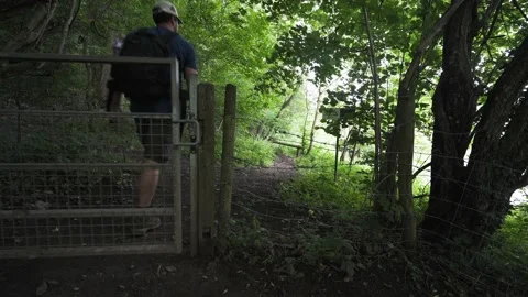 A man walking through a steel gate in woodland Stock Footage 134459857