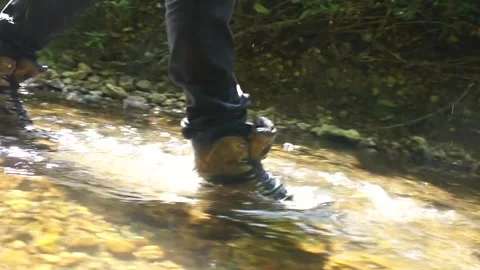 Man Walking Through Stream. Hiking through Water in Nature. Stock Footage 306515986