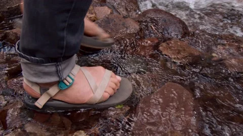 Man Walking Through Stream With Shoes Stock Footage 132345509