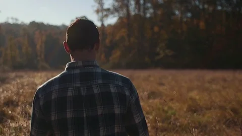 Man Walking Through Wheat Field During Morning Sunrise (Head &amp; Hands) Stock Footage 81491896
