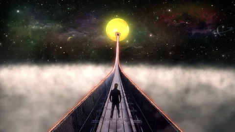Man Walking Toward Glowing Sun Portal Along Sky Bridge Above Clouds Stock Footage 341962703