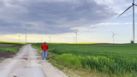 Man Walking Toward Wind Turbines Across Rural Fields at Sunset Video stock 335215631