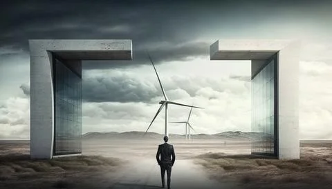 A man walking towards two doors with wind mills in the background and a clo.. Stock Illustration