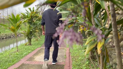 Man walking on the trail on a spring cloudy day. Stock Footage 268994715