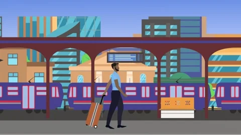 Man walking in train station animation, city background view Stock Footage 307395032