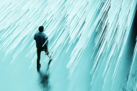 Man walking into a tunnel of glowing binary light 스톡 일러스트