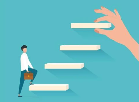 Man Walking Upstairs While Hand Putting Steps, Blue Background, Vector Stock Illustration