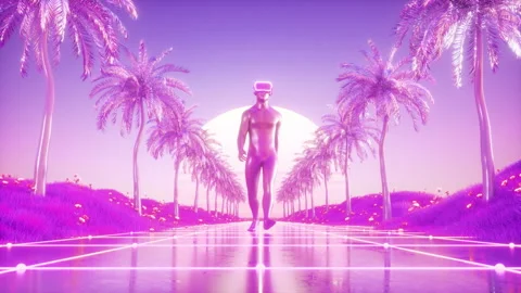 Man walking in VR glasses between Palm Trees Synthwave Background Loop Stock Footage 242954338