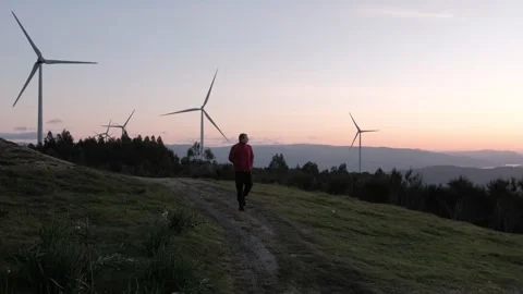 Man walking in a wind farm at sunset Stock Footage 344531166