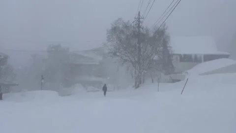 Man walking in the winter snow storm Stock Footage 234308191