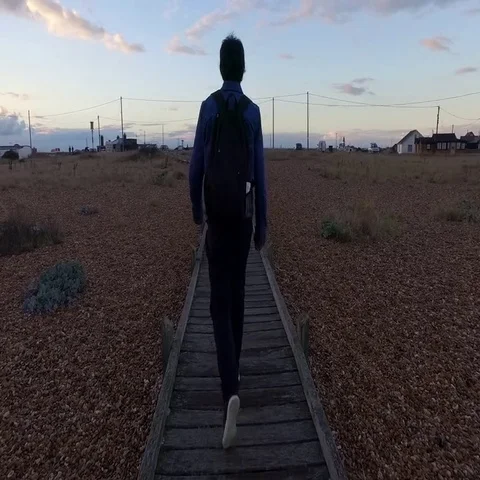 Man walking on a wooden path Stock Footage 69505049