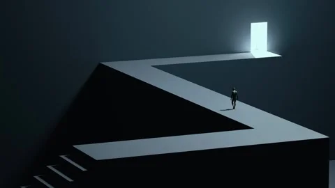 Man walking on zigzag path to glowing door, minimalist surreal concept Stock Footage 328320261