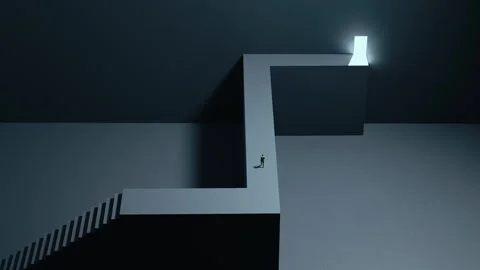 Man walking on zigzag path to glowing door, minimalist surreal concept Stock Footage 328320264