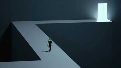 Man walking on zigzag path to glowing door, minimalist surreal concept Stock Footage 328320272