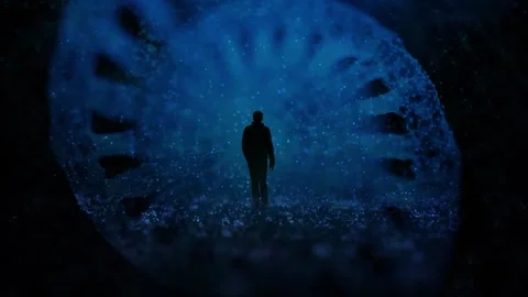 Man walks into 3d dna chain Stock Footage 320498564