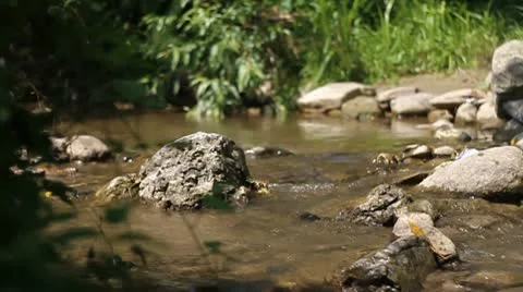 Man walks across mountain stream Stock Footage 8989444