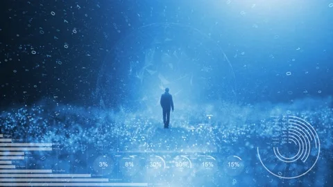 Man walks alone in digital cyberspace 動画素材 132583497
