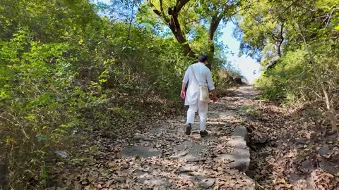 A man walks along a mountain path on a sunny day Video stock 307219761
