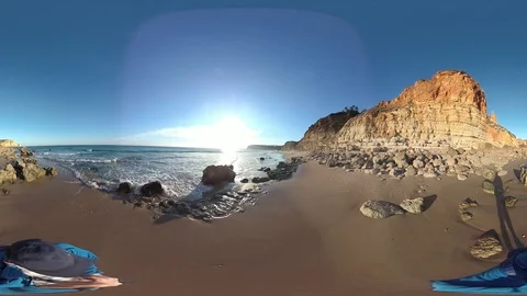 Man walks along the sandy beach, VR360, VR, 360VR Stock Footage 107194486