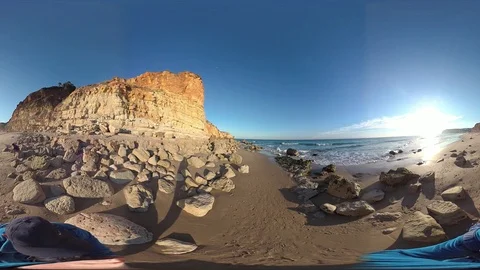 Man walks along the sandy beach, VR360, VR, 360VR Stock Footage 107212684