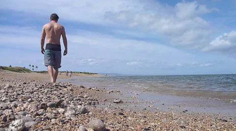 Man Walks Along Seashell Beach Stock Footage 37780695