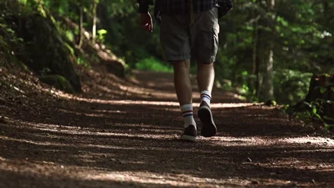 Man walks along a trail while hiking in the mountains. Stock Footage 254918145