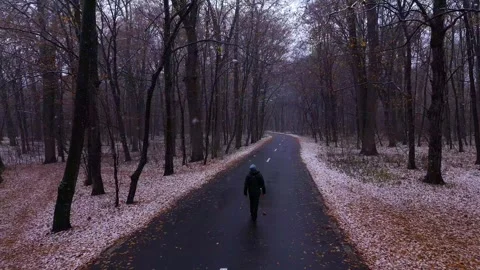 Man walks on the asphalt road in the forest while it's snowing outside 스톡 동영상 258246763