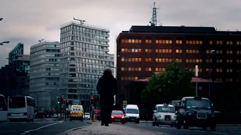 Man Walks Away from Camera - Main Road Stock Footage 237007726
