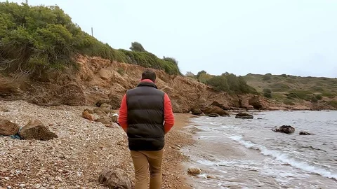 Μan walks on beach in winter, trees, rocks and cloudy sky Stock-Footage 128126416