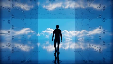 Man walks into the clouds in a reflective tunnel Stock Footage 313609174