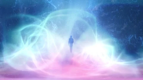 Man walks inside digital metaverse cybespace network Video stock 332816034