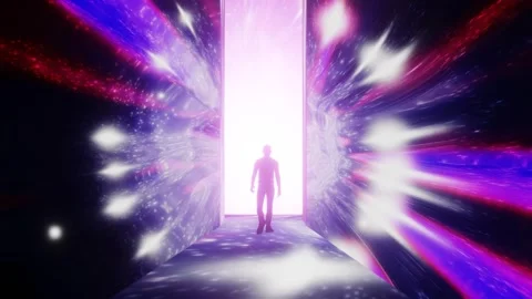 Man walks into an interdimensional door, wormhole tunnel, NDE, dream Stock Footage 313608725