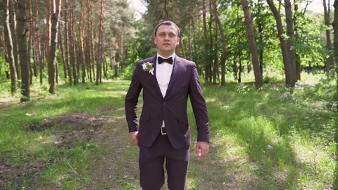 A man walks in the park. Action. Sun shining through green leaves of trees Stock Footage 233525013